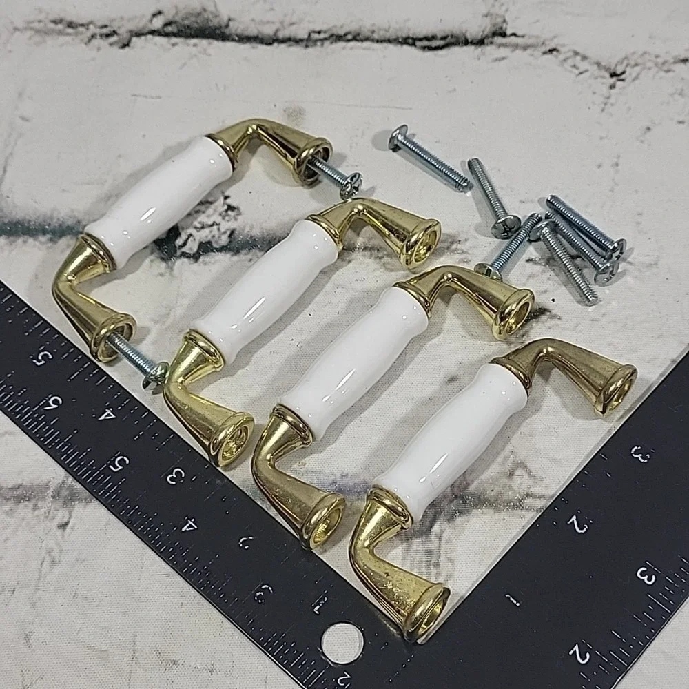 Vintage Drawer Pull Handles White Porcelain Gold-Tone Lot Of‎ 4 With Hardware